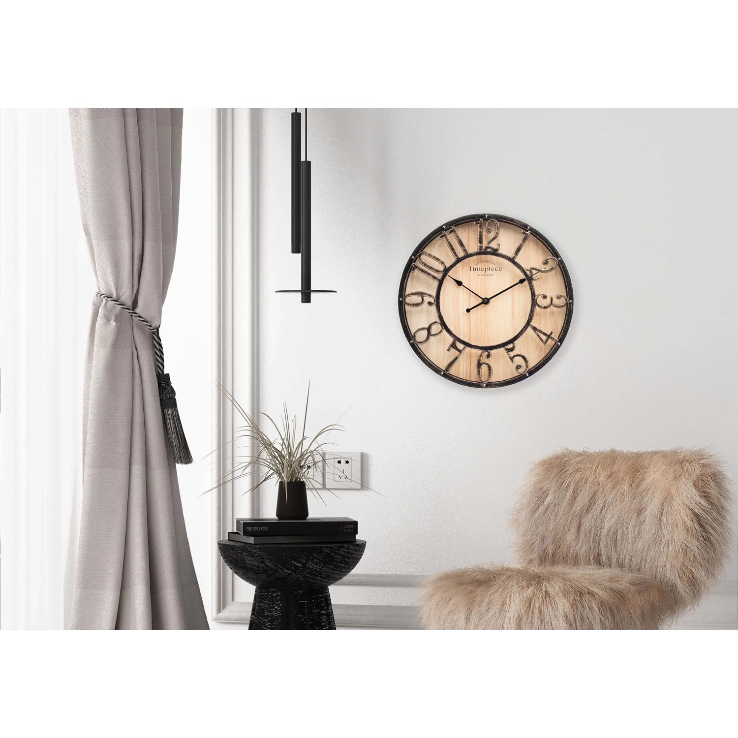 Wall-Art Wanduhr Used Look 3D Ø 35 cm Schwarz-Holzoptik. Runde Vintage-Uhr mit Holzoptik-Zifferblatt und schwarzen Ziffern.
