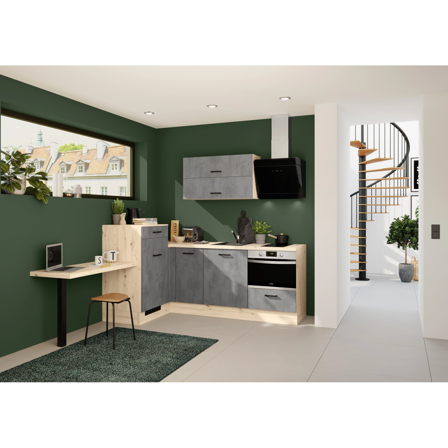 Impuls Küchen Einbauküche IBZ4350LH 225 x 241 cm BetonOptik ohne E