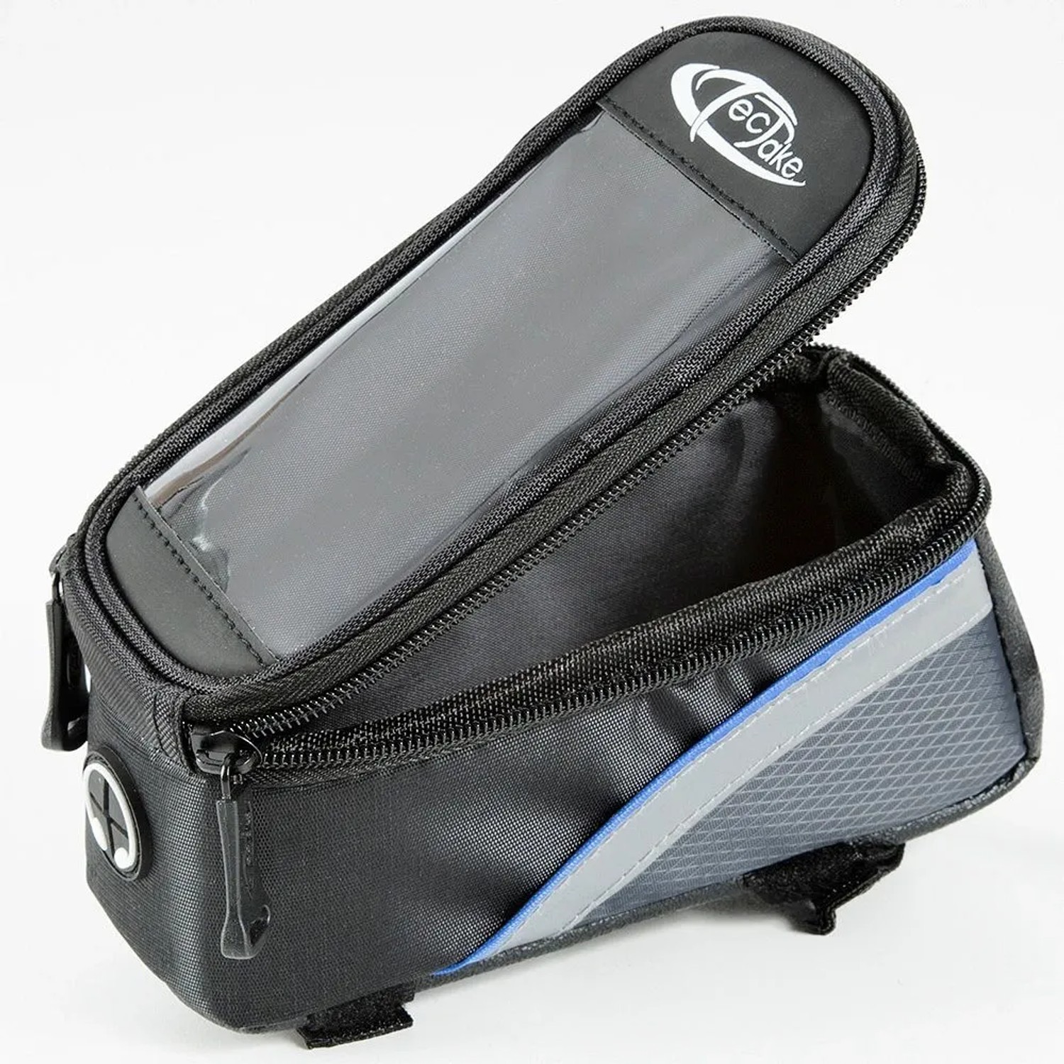 Offene, schwarze Tectake Fahrradtasche mit transparentem Handyfach und Rahmenbefestigung.