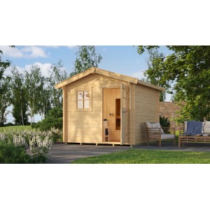 Weka Saunahaus Mikkeli Sparset mit 9 kW Saunaofen und integrierter Steuerung im Garten.