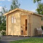 Weka Saunahaus Mikkeli Sparset mit 9 kW Saunaofen und integrierter Steuerung im Garten.