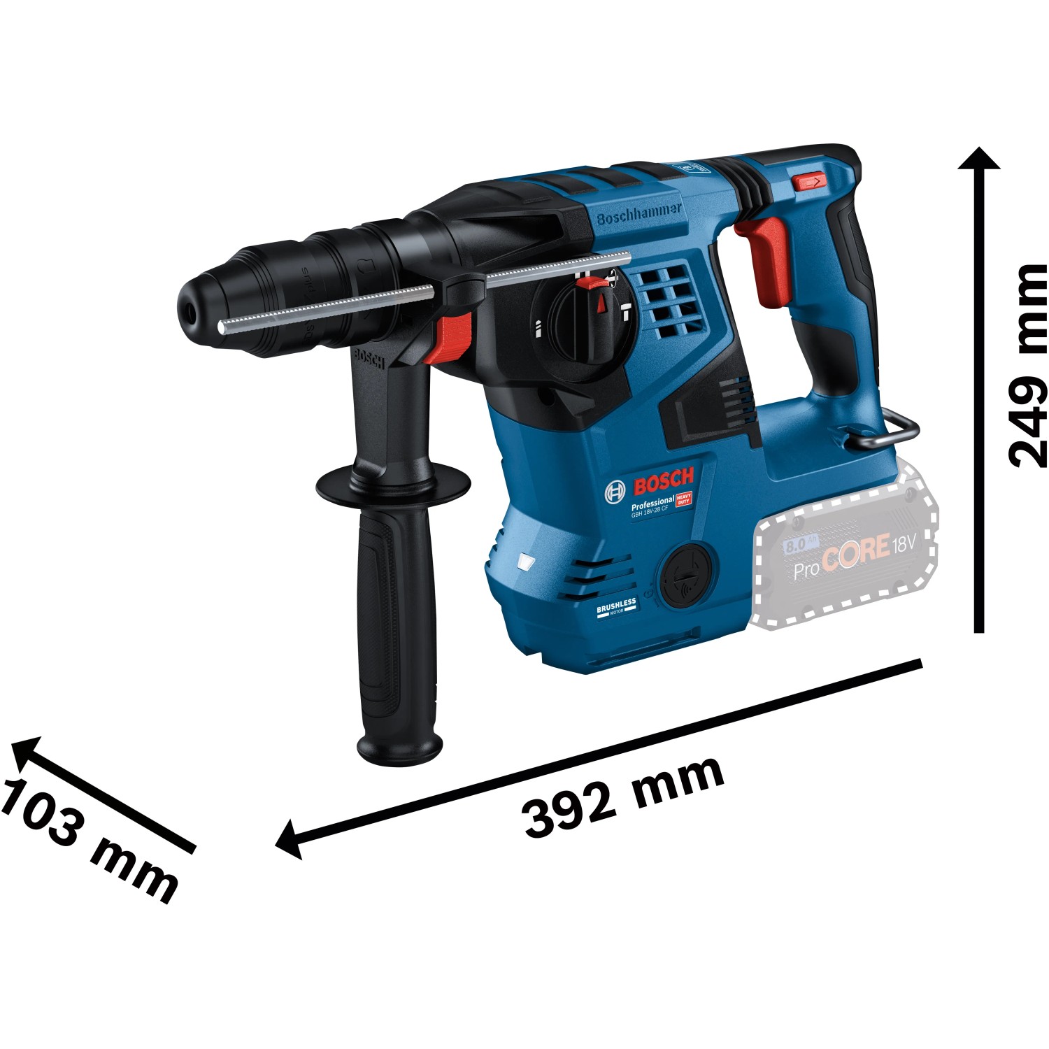 Bosch Professional Akku-Bohrhammer GBH 18V-28 CF mit L-Boxx, Zusatzhandgriff und Tiefenanschlag.