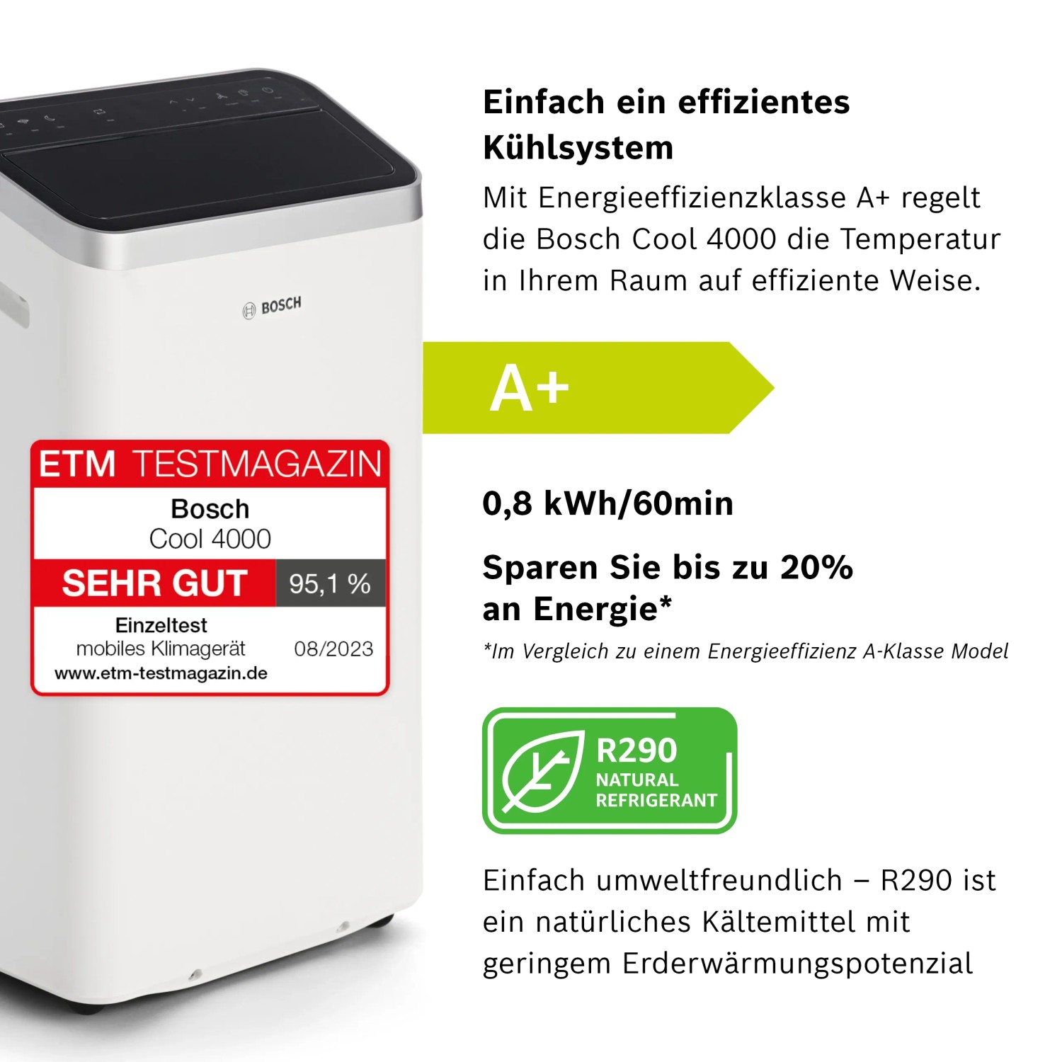 Bosch Cool 4000 mobiles Klimagerät in Weiß mit Energielabel und Testurteil.