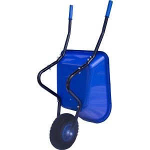 Blaue Pro-Bau-Tec Kinderschubkarre mit 20 l Mulde und pannensicherem Rad.