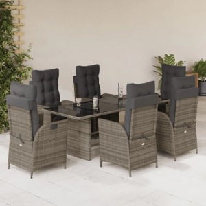 7-tlg. Garten Essgruppe aus grauem Poly Rattan mit Tisch und Stühlen inklusive Kissen.