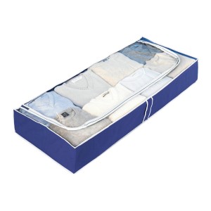 Wenko Unterbettkommode Air, blau, mit Sichtfenster und Textilien. Textile Aufbewahrung für Saisonkleidung.