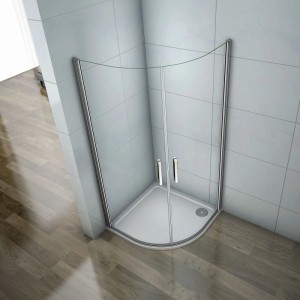 Duschparadies Runddusche Viertelkreis 90x90cm mit verchromtem Rahmen und ESG-Klarglas Schwingtüren im Bad.