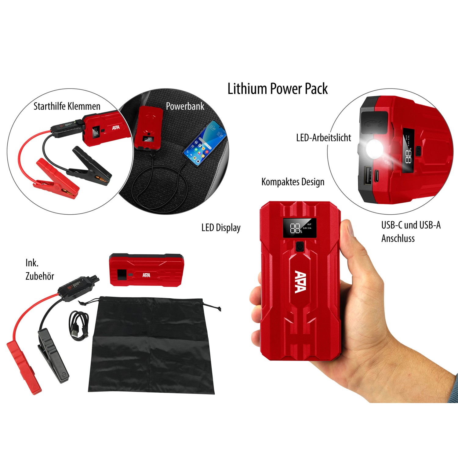 Rotes Apa Schnellstartsystem Lithium Powerpack 10.000 mAh mit Starthilfekabel, USB-Kabel und Tasche.
