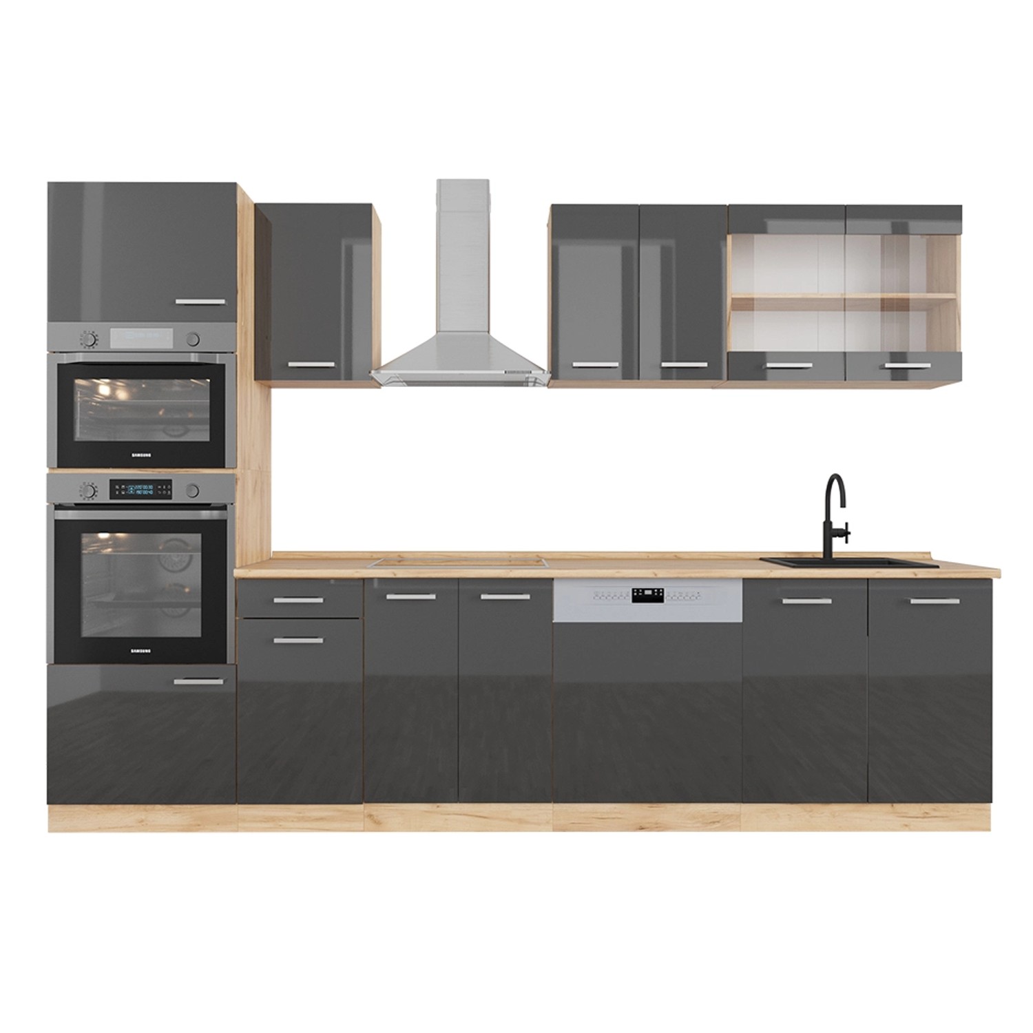 Vicco R-Line Küchenzeile Anthrazit Hochglanz/Goldkraft Eiche 300 cm mit Hoc günstig online kaufen