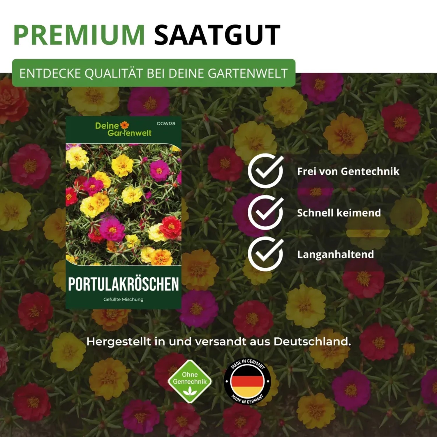 Deine Gartenwelt Portulakröschen Samen, gefüllte Mischung. Sommerblumen für Steingärten in Gelb, Pink und Rot.