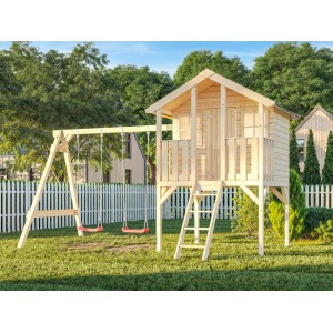 Palmako Toby Set: Spielhaus mit Schaukel aus unbehandeltem Holz, Leiter und zwei Schaukelsitzen.