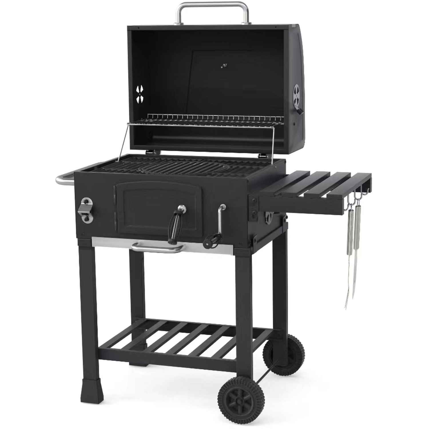 Schwarzer El Fuego Holzkohlegrill Calgary mit Ablagefläche, Thermometer und Flaschenöffner.