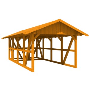 Skan Holz Carport Schwarzwald in Eiche mit Dachschalung und Abstellraum.