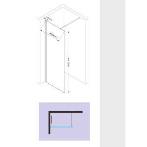 Skizze einer Walk-In Duschwand 90x200cm aus Klarglas mit Maßangaben.