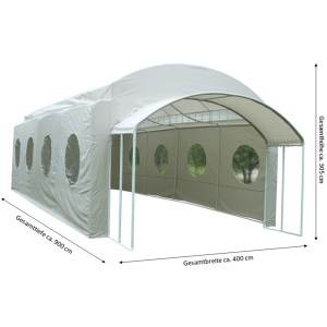 Lichtgraues Partyzelt Michelle 400x900x305 cm mit Rundfenstern und Stahlrohrgestell.