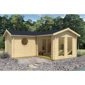 Finntherm Gartensauna Lasse-70 aus naturbelassenem Holz mit Vordach und runden Fenster.