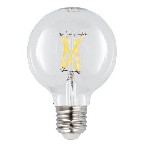 Klare Arcchio LED E27 Lampe aus Glas mit sichtbaren gelben Filamenten und silbernem Schraubsockel.