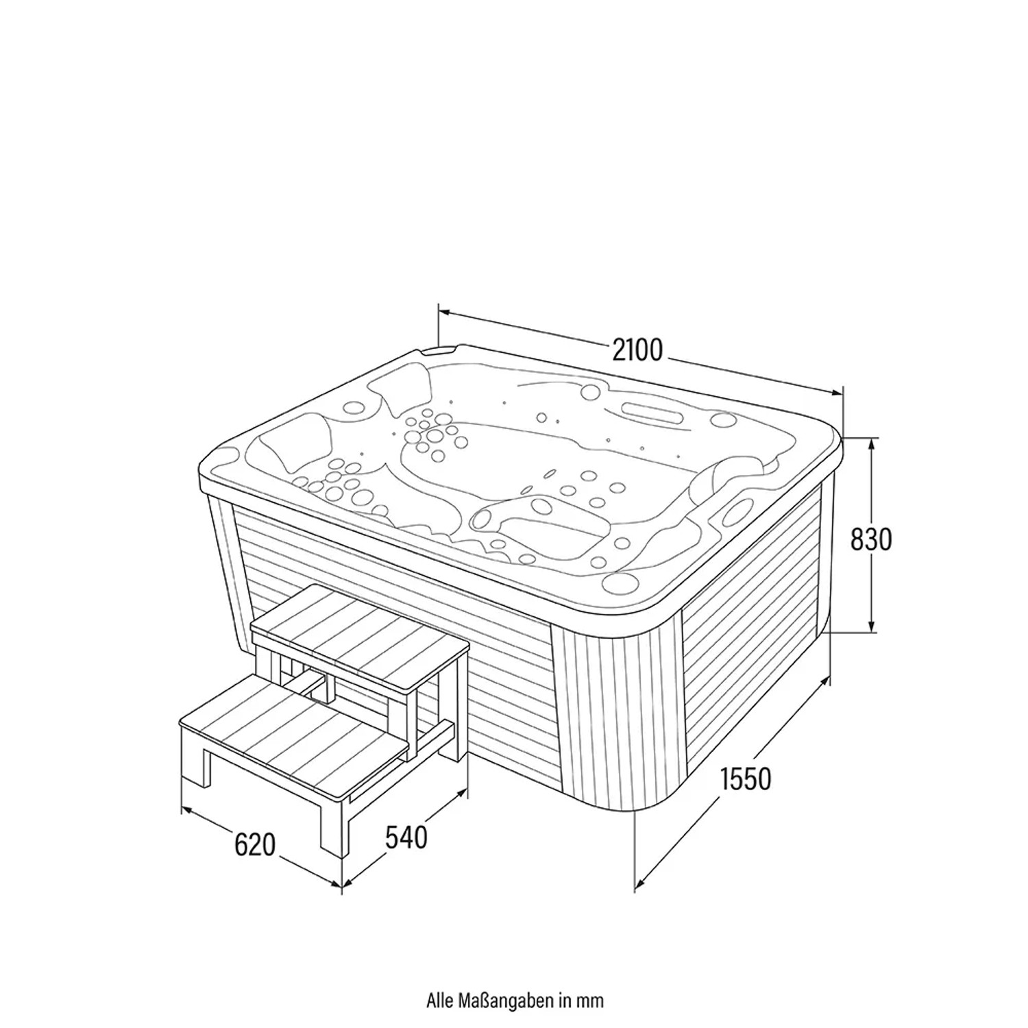 Skizze: Home Deluxe Outdoor Whirlpool Beach Plus, 210x155x83cm, mit Treppe und Maßangaben.