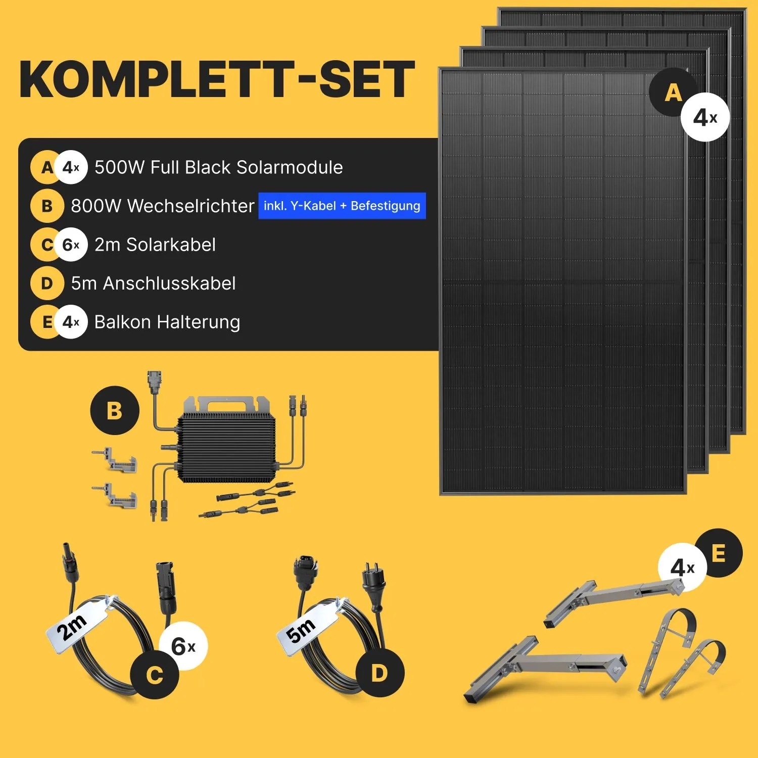 Solakon Balkonkraftwerk Komplettset: 4 schwarze Solarmodule, Wechselrichter, Kabel, Balkonhalterung.
