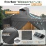 Sekey Faltpavillon 3x3m mit Seitenteilen, wasserdicht im Regen. Zeigt PU-Beschichtung, versiegelte Nähte und Wasserablauf.