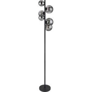 Moderne Globo LED-Stehlampe Riha, 6-flammig, schwarz matt mit rauchfarbenen Glaskugeln.