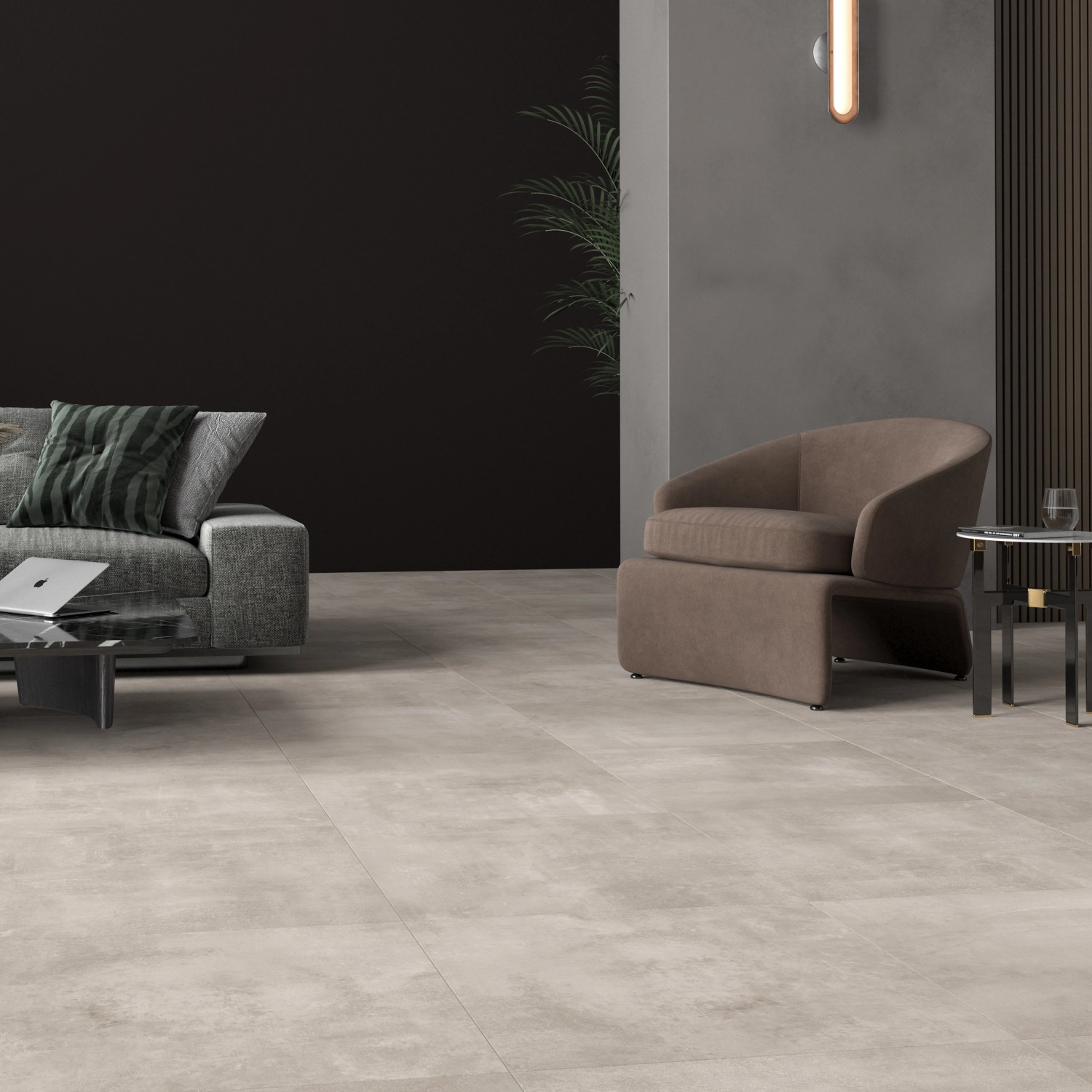 Verlegte, graue Bodenfliese Denver Feinsteinzeug 30x60 cm im Wohnraum mit Möbeln.
