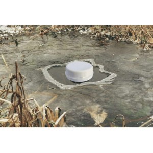 Pontec Pondopolar Eisfreihalter im zugefrorenen Teich, weiße Boje hält Wasserfläche offen.