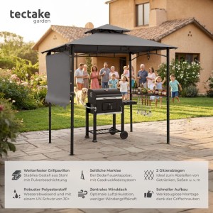 Anthrazitfarbener Tectake Grillpavillon Maracaibo mit Markise und Doppeldach im Garten.