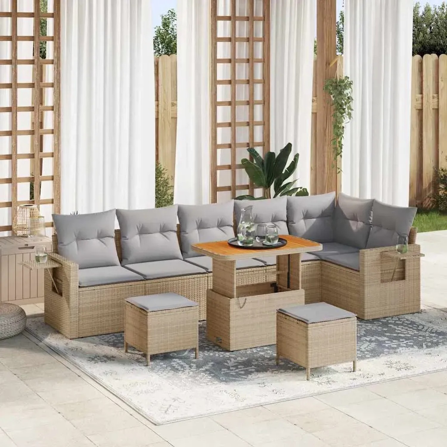 Beiges 9-teiliges vidaXL Garten-Sofa-Set aus Rattan mit Kissen und Akazienholz.