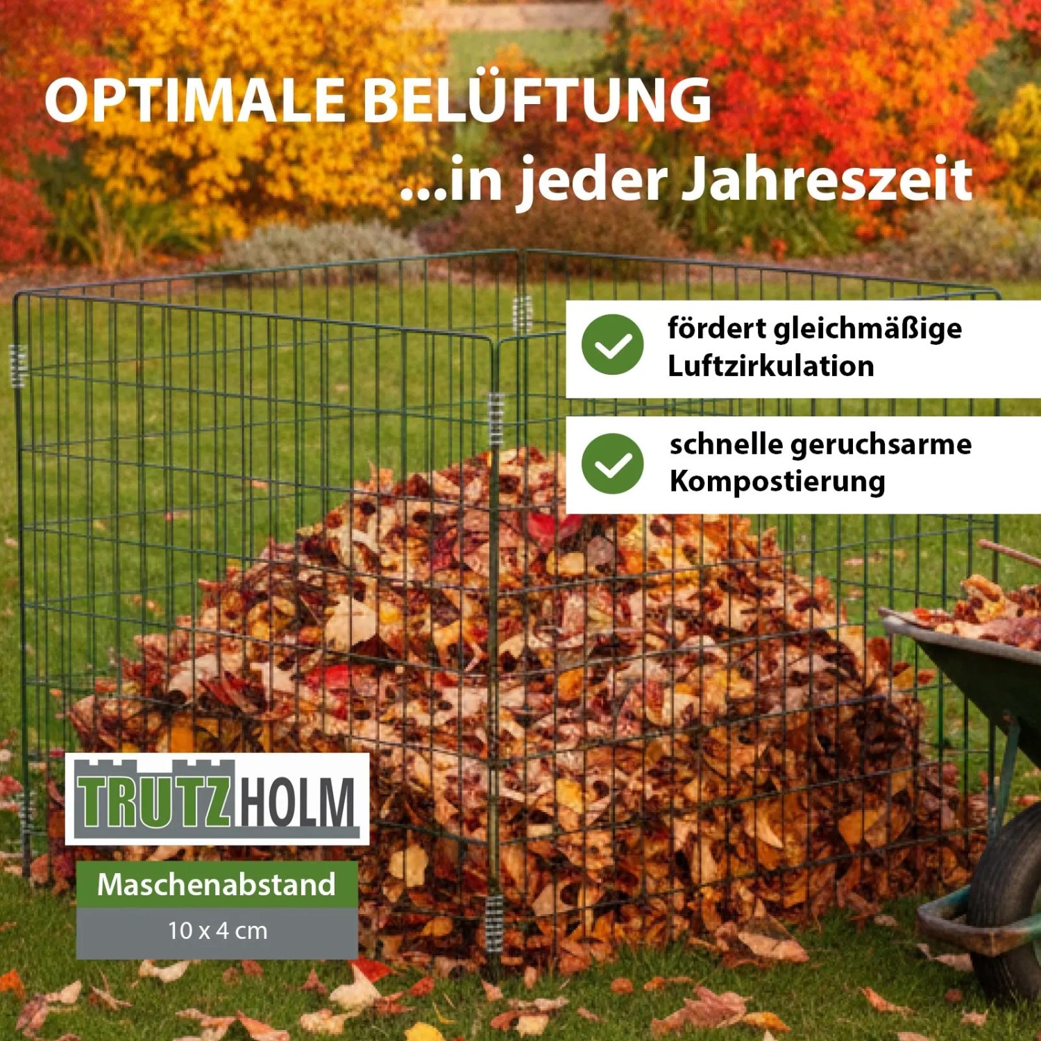 TRUTZHOLM Gartenkomposter aus Stahldraht mit Laub gefüllt. Kompostsieb mit 10x4cm Maschenweite.