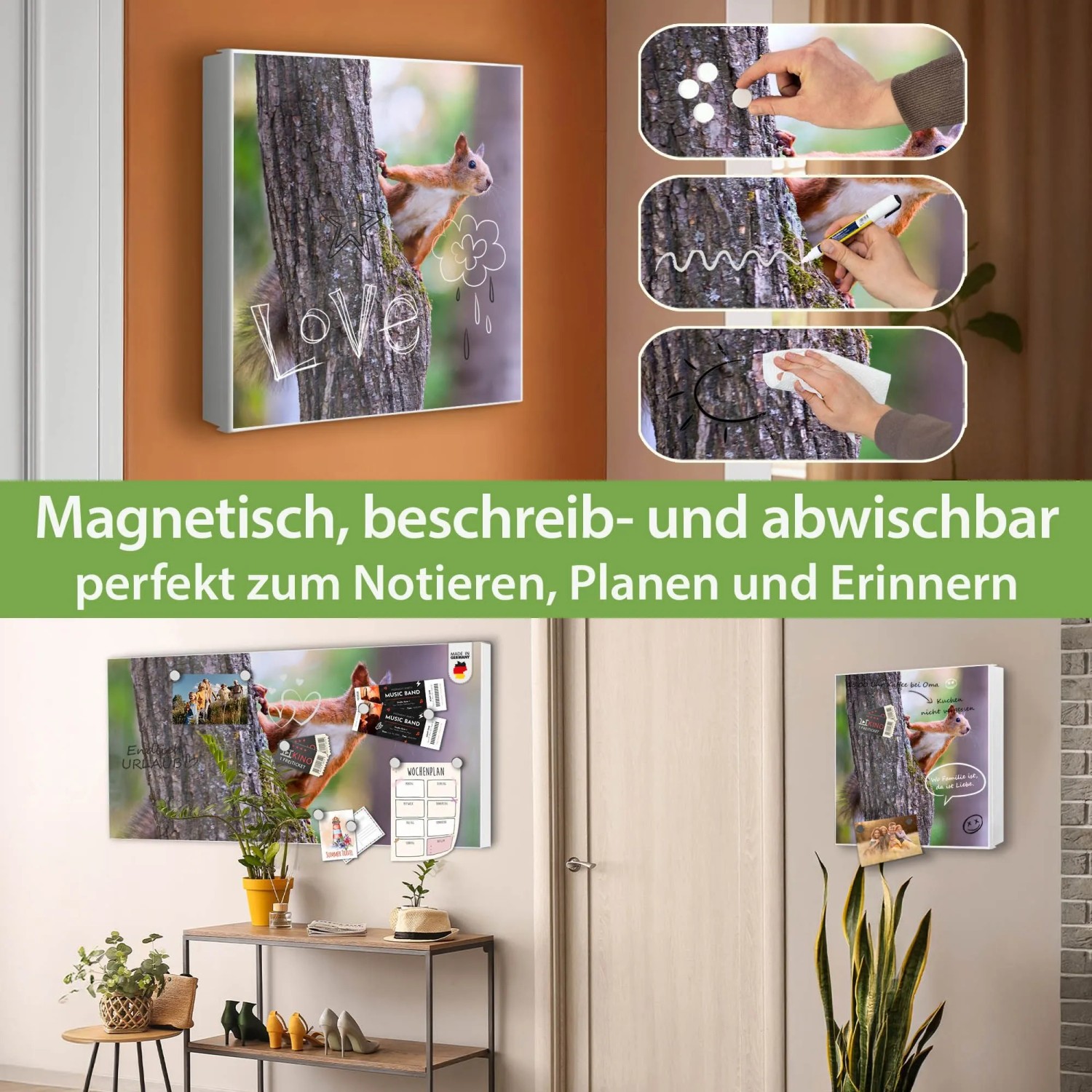 Banjado Großer Schlüsselkasten Metall 30x30cm Weiß Scharnier Links 50 Haken Beschreibbar Magnetisch Motiv Eichhörnchen