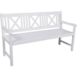 Weiße 3-Sitzer Gartenbank Malmö aus FSC®-zertifiziertem Eukalyptusholz.
