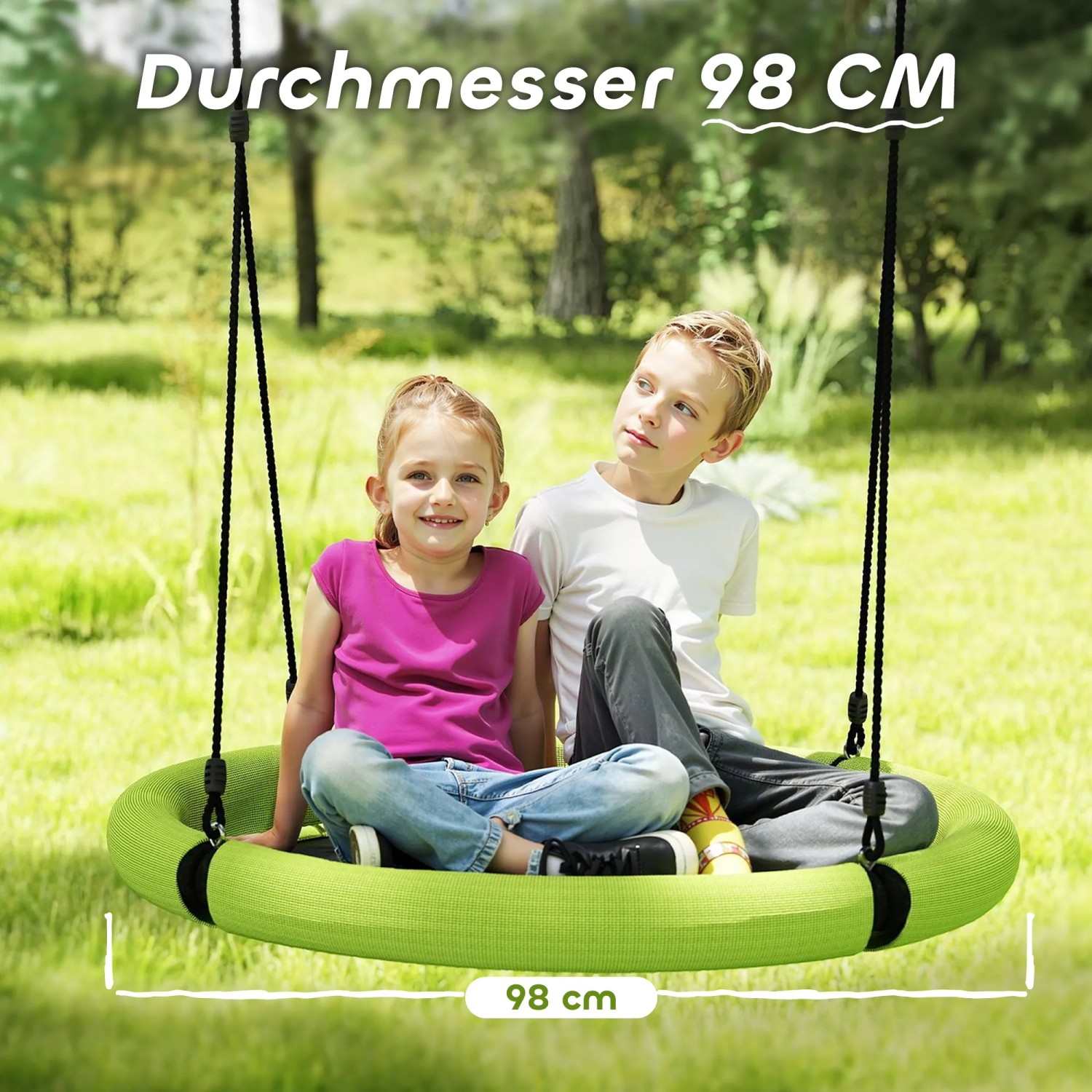 AIYAPLAY Kinderschaukel: Runde Nestschaukel mit zwei Kindern im Garten, Ø 98 cm.