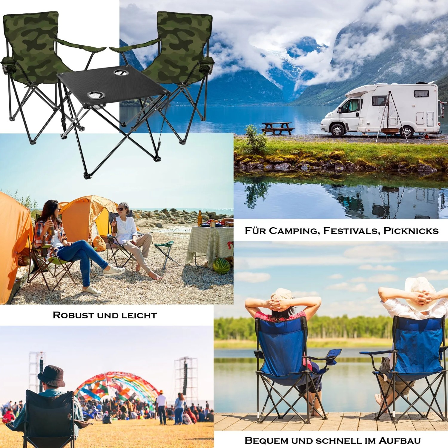 BigDean Campingmöbel Set: Campingtisch mit zwei Stühlen im Camouflage Design.