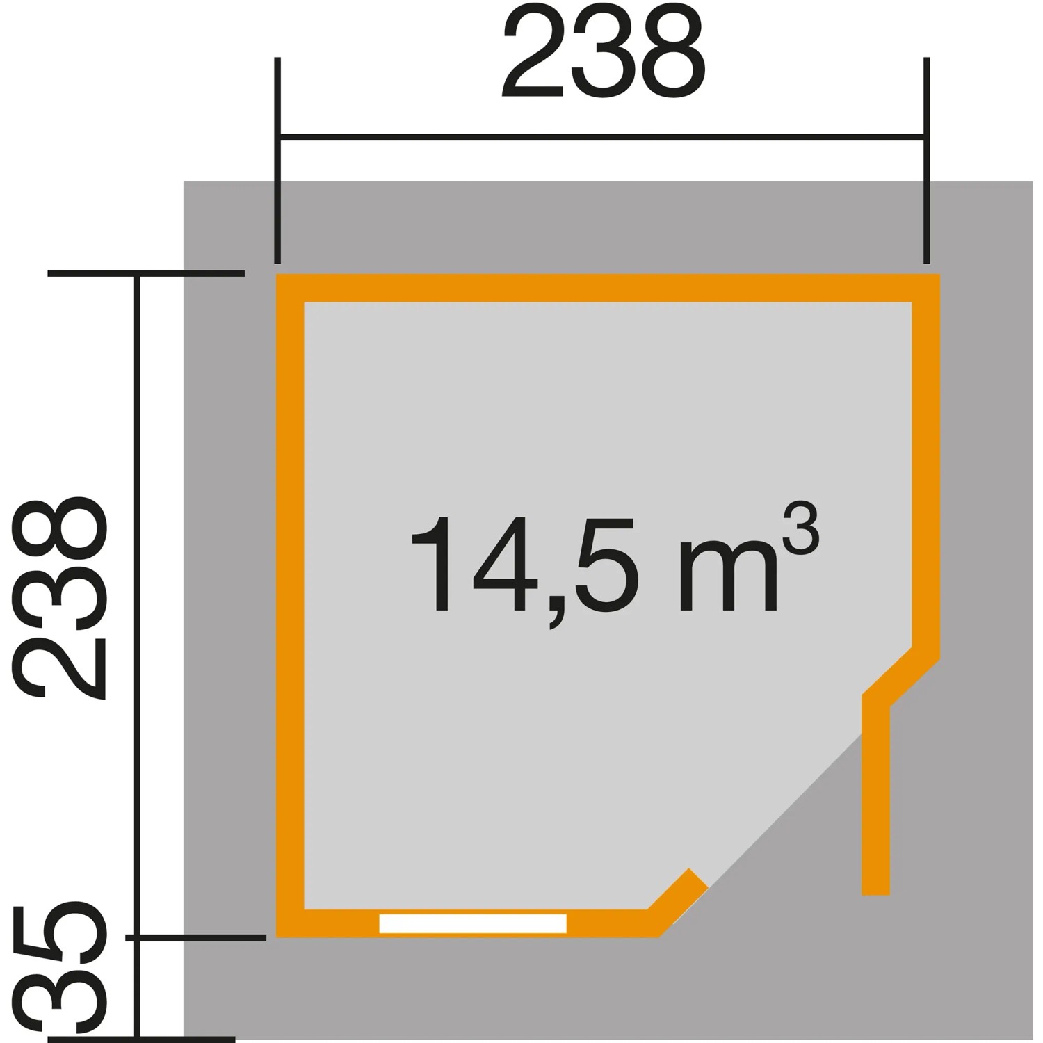 Grundriss Weka Holz-Gartenhaus Flachdach, 238x278 cm, unbehandelt. Fläche: 14,5 m³.