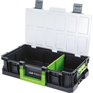 Offene LUX-TOOLS Werkzeugbox, dunkelgrau-grün, mit Trennwand und transparentem Deckel. Werkzeugkoffer für Ordnung.