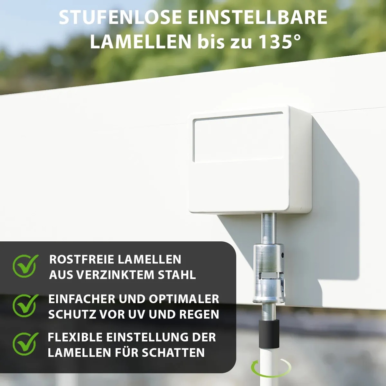 Detailaufnahme: Weiße Weide Pergola mit stufenlos einstellbaren Lamellen aus Stahl.
