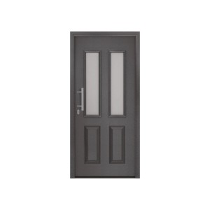 Anthrazit-Metallic EcoStar Haustür IsoPro IP 410S mit satinierten Glaseinsätzen, Kassetten und Edelstahl-Kurzgriff links.