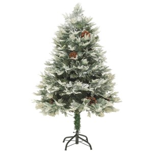 Grüner, klappbarer vidaXL Weihnachtsbaum mit LEDs, Kiefernzapfen und Stahlständer, 150 cm hoch.