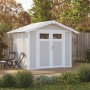 Grosfillex Gerätehaus Utility 4,9 in Graugrün, Kunststoff-Gartenhaus mit Doppeltür und Satteldach.