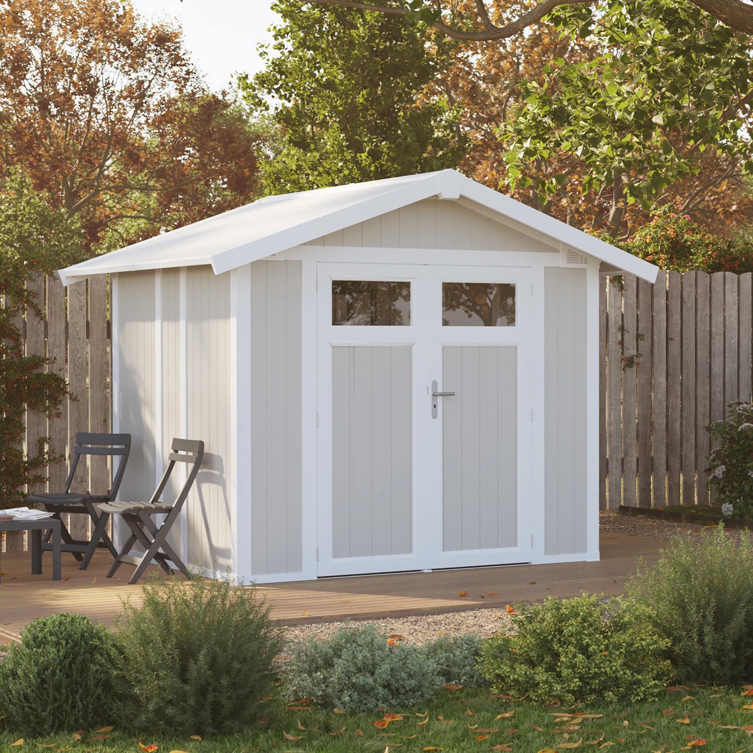 Grosfillex Gerätehaus Utility 4,9 in Graugrün, Kunststoff-Gartenhaus mit Doppeltür und Satteldach.