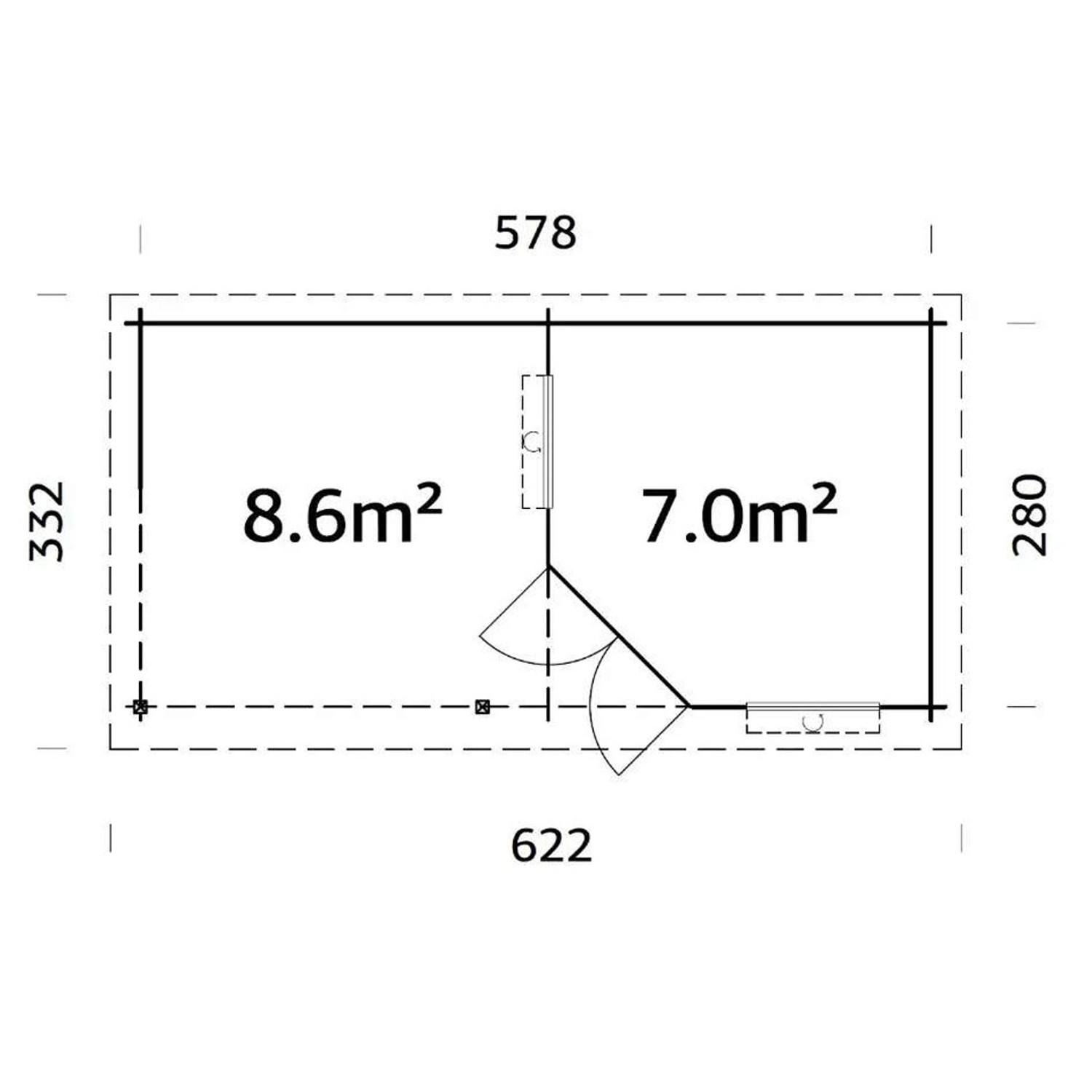 Grundriss Alpholz Gartenhaus Carl-28, Pultdach, 622x332 cm, unbehandelt. Holz-Gartenhaus mit Flächenangaben.