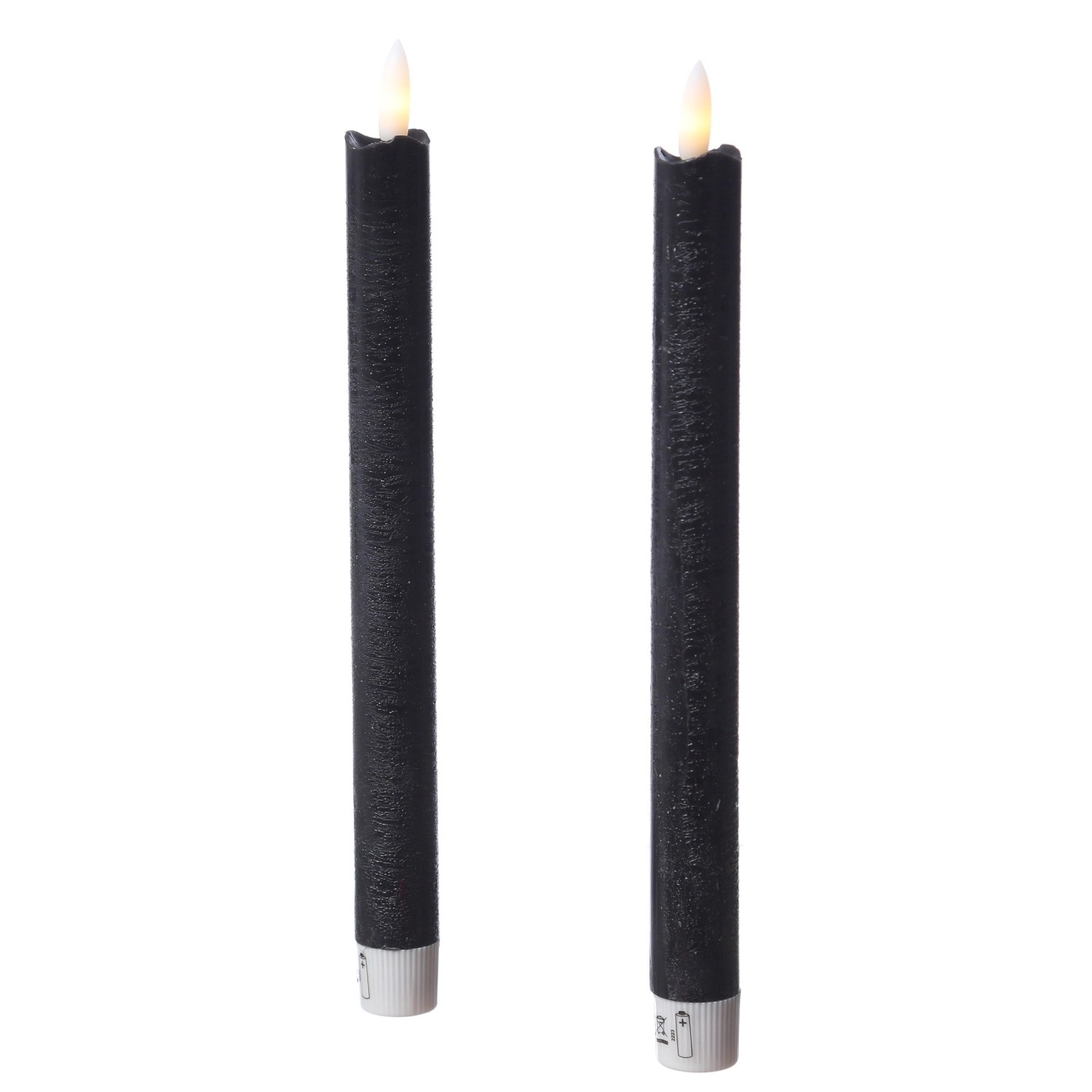 2er Set schwarze LED Stabkerzen aus Echtwachs, 25cm hoch, mit flackerndem Licht und Timer.