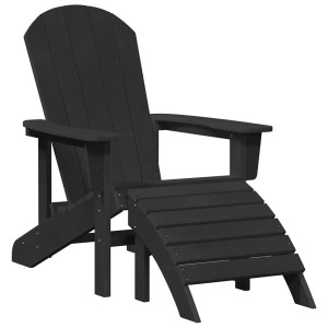 Schwarzer vidaXL Adirondack-Stuhl aus HDPE mit Fußstütze für Garten und Terrasse.