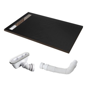 Rechteckige, schwarze AICA Duschtasse 80x110 cm mit Stein-Effekt und Ablaufgarnitur.