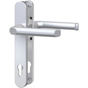 Silberne Drückergarnitur für Holz- und Kunststofftüren, Türbeschlag.