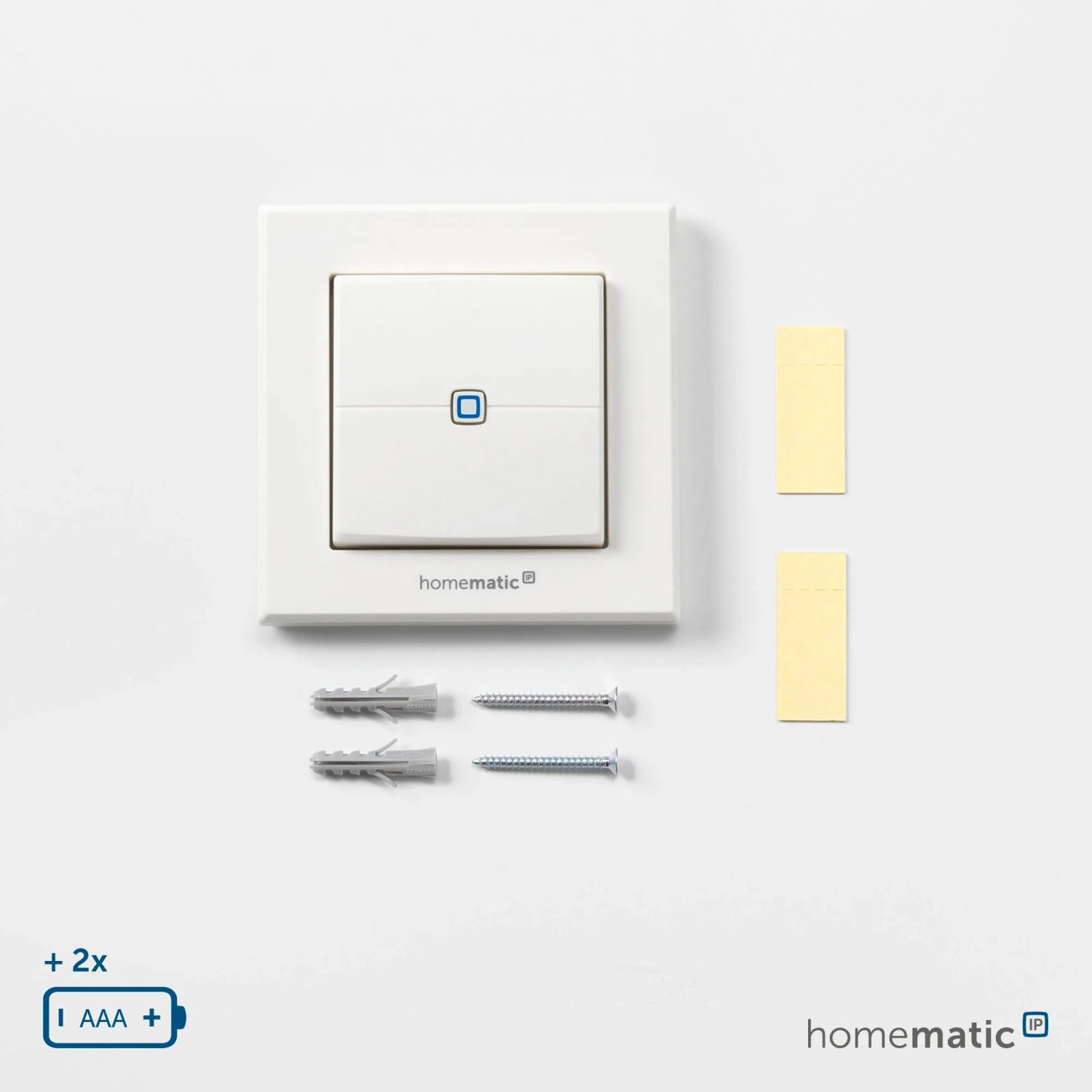 Homematic IP Wandtaster 2-fach weiß mit Montagematerial: Schrauben, Dübeln und Klebestreifen. Funk-Schalter für Smart Home.