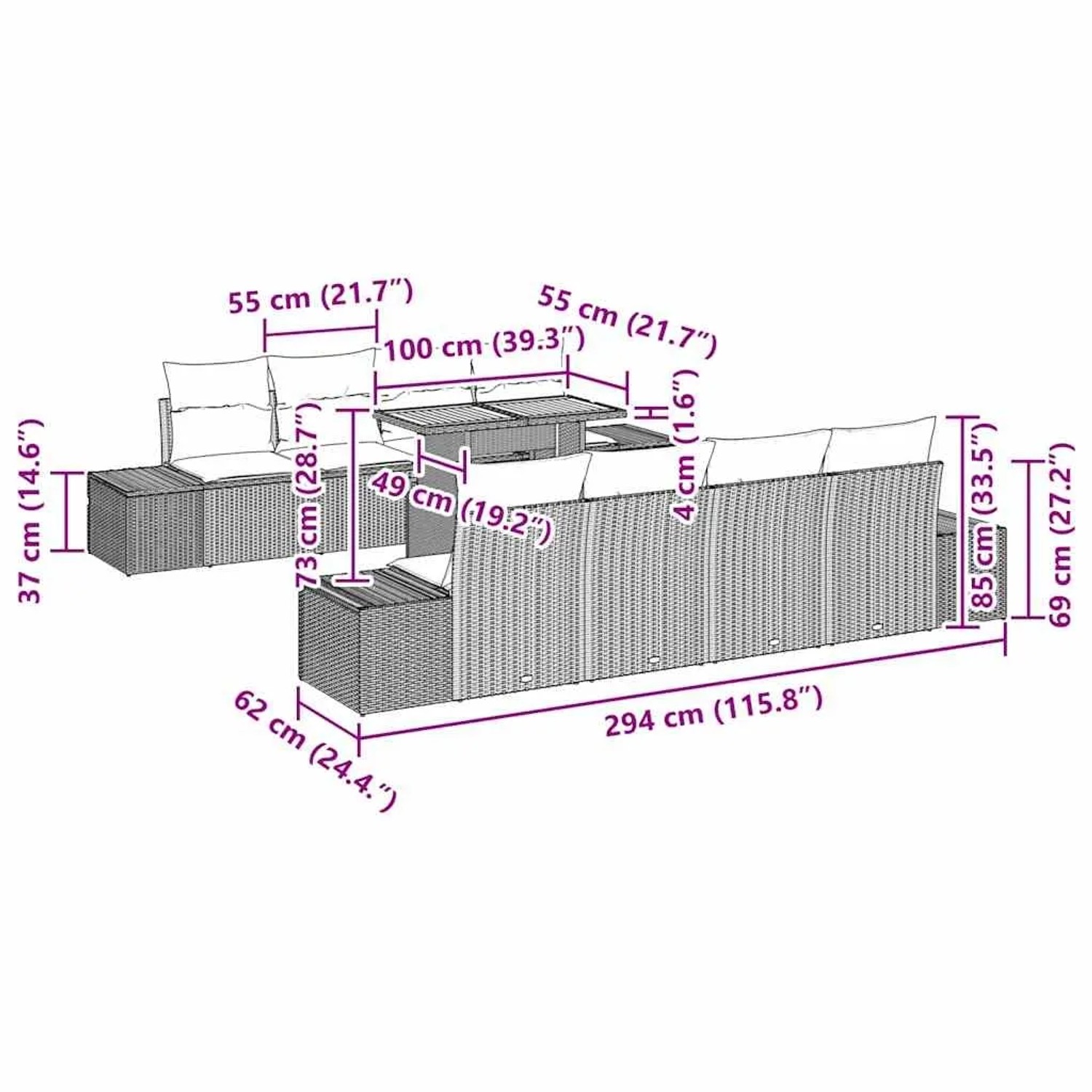 vidaXL Gartenmöbel-Set, 9-teilig, schwarz, Poly Rattan, mit Maßen und Details.
