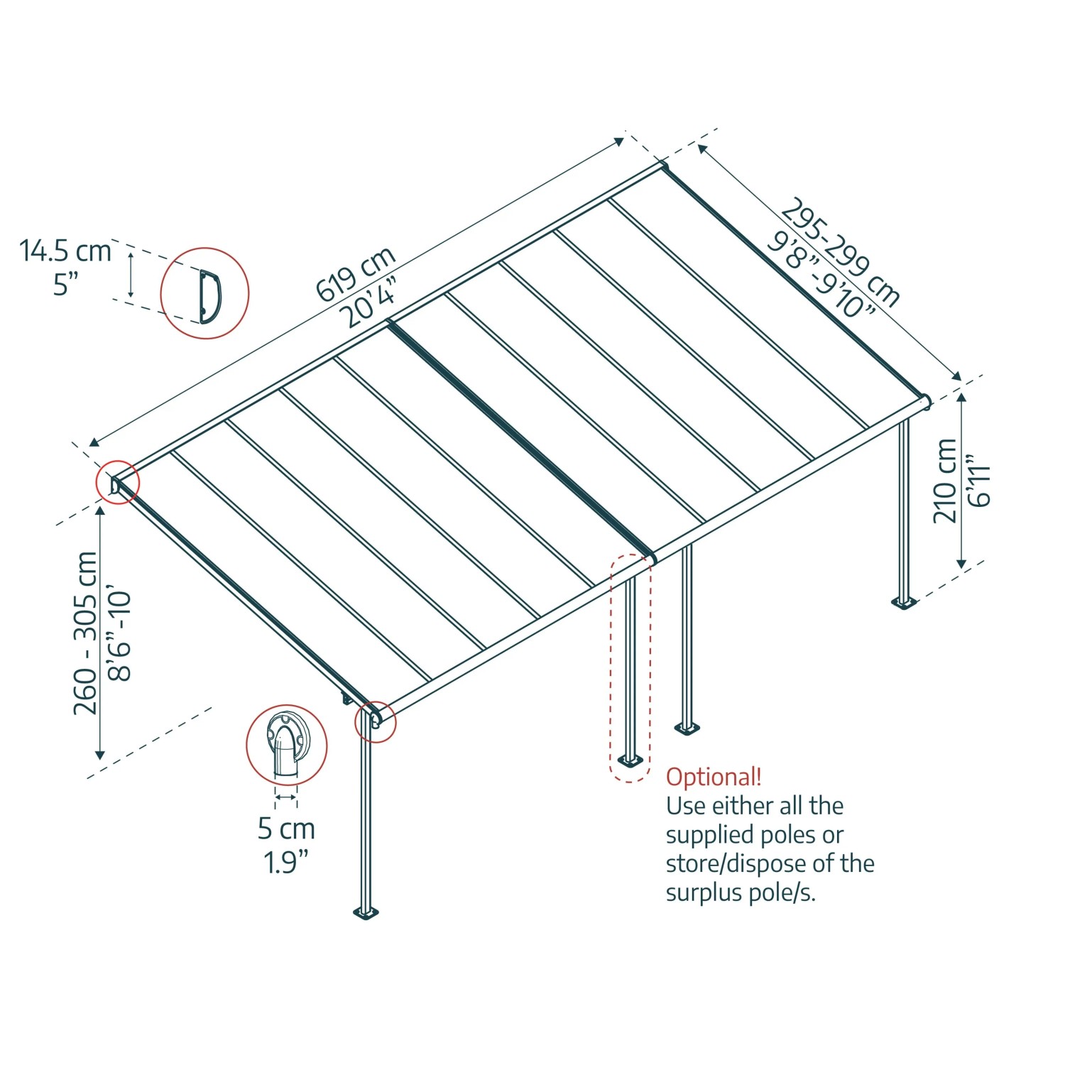 Technische Zeichnung der Canopia Terrassenüberdachung Capri 610x300 cm in Anthrazitgrau mit Maßangaben.