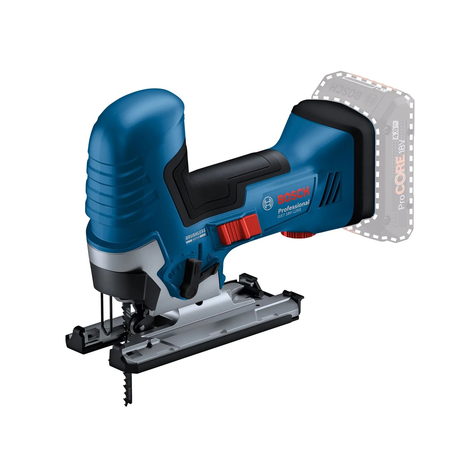 Bosch Professional GST 18V-125 Akku-Stichsäge, blau/schwarz, mit Akku (angedeutet).